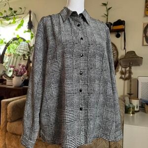 Black and White Grid Houndstooth Button Down Long Sleeve Shirt Pointed Collar